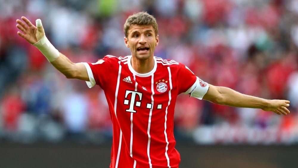 SHENZHEN, CHINA - JULY 22: Thomas Mueller of Muenchen reacts during the International Champions Cup Shenzen 2017 match between Bayern Muenchen and AC Milan at on July 22, 2017 in Shenzhen, China. (Photo by Alexander Hassenstein/Bongarts/Getty Images)