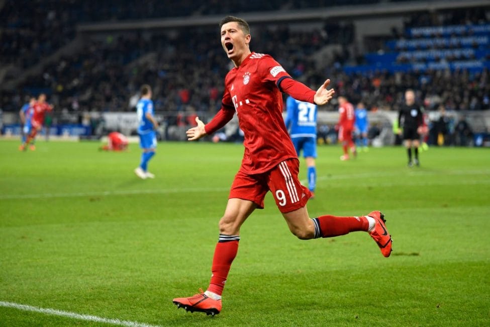 SINSHEIM, GERMANY - JANUARY 18: Robert Lewandowski of Bayern Munich celebrates scoring the 3rd Bayern Munich goal during the Bundesliga match between TSG 1899 Hoffenheim and FC Bayern Muenchen at Wirsol Rhein-Neckar-Arena on January 18, 2019 in Sinsheim, Germany. (Photo by Matthias Hangst/Bongarts/Getty Images)