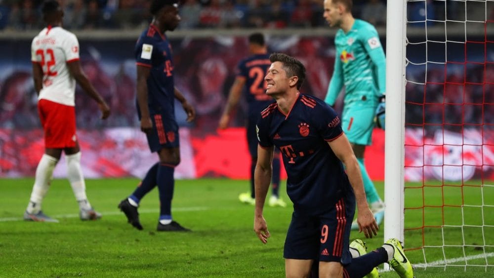 LEIPZIG, GERMANY - SEPTEMBER 14: Robert Lewandowski of FC Bayern Munich reacts during the Bundesliga match between RB Leipzig and FC Bayern Muenchen at Red Bull Arena on September 14, 2019 in Leipzig, Germany. (Photo by Maja Hitij/Bongarts/Getty Images)